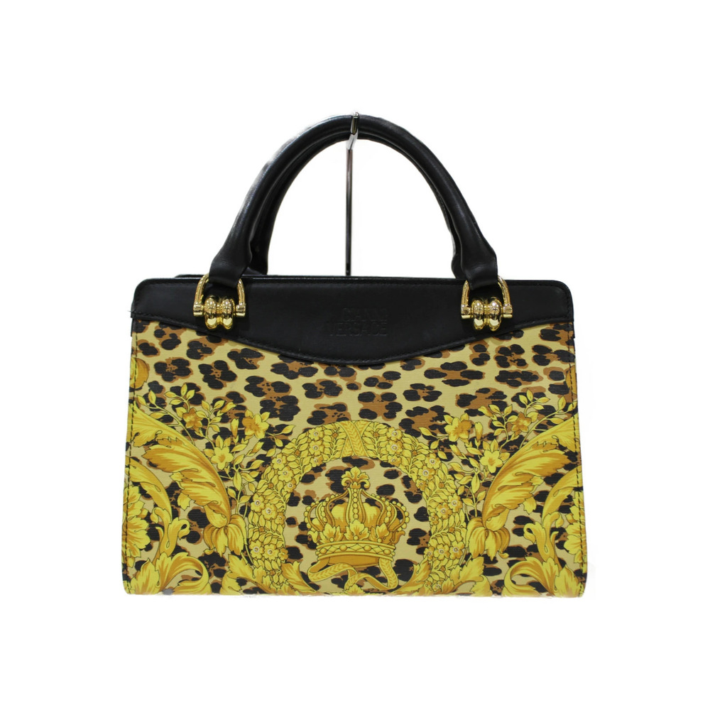 VERSACE Shoulder Bag Canvas Leather Leopard Black Handbag Strap
